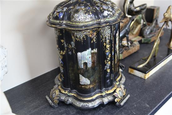 A Victorian papier mache combined jewellery and needlework casket, 17in. height 22in.